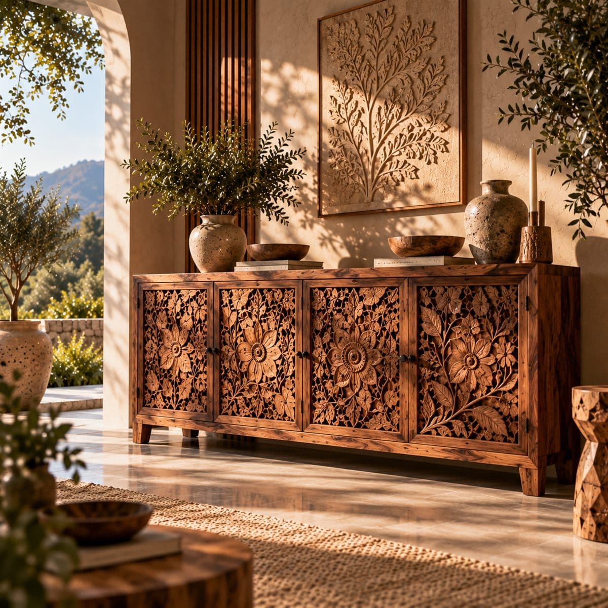 A hand-carved solid wood sideboard in a sunlit room