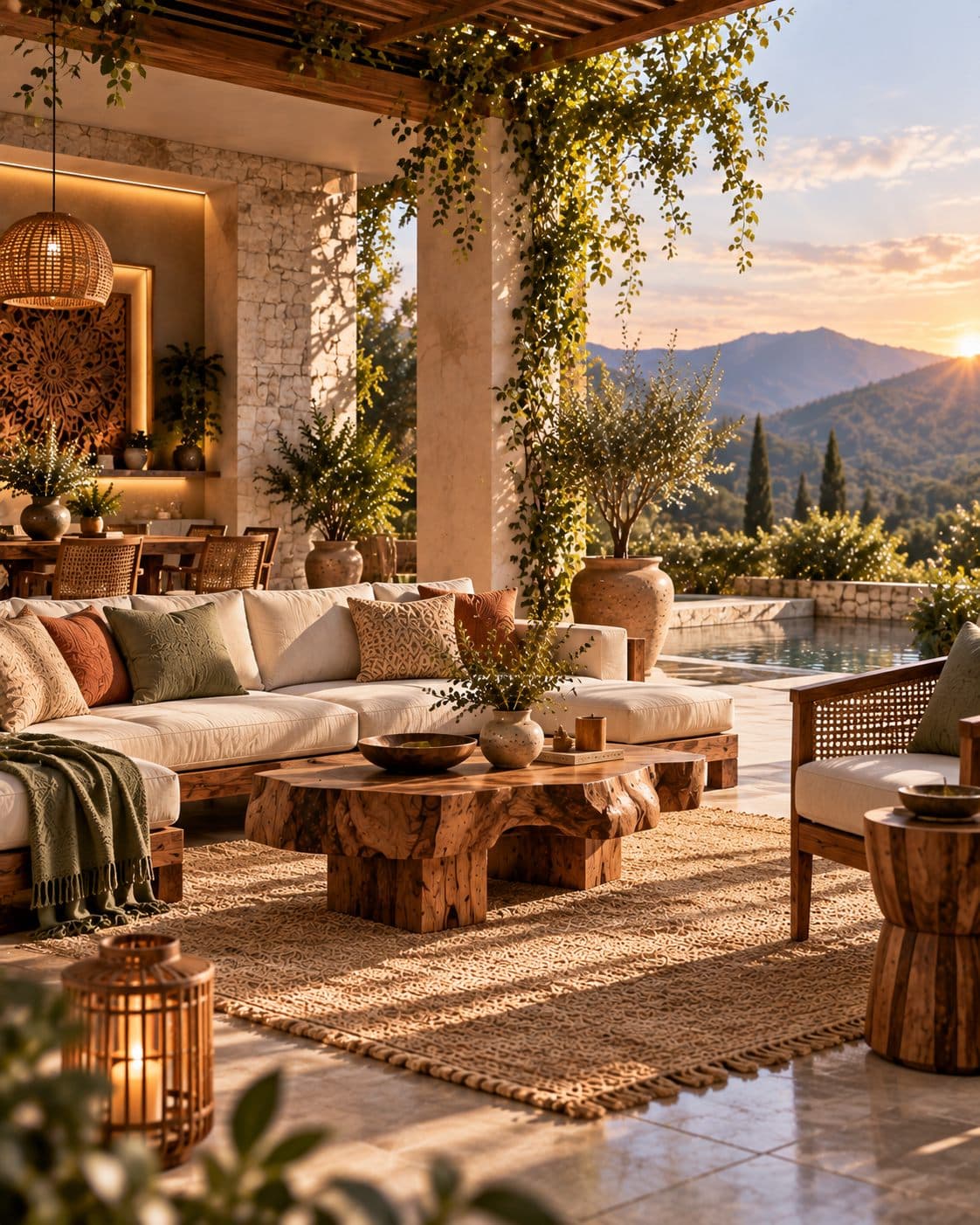 A terrace furnished in solid wood at sunset