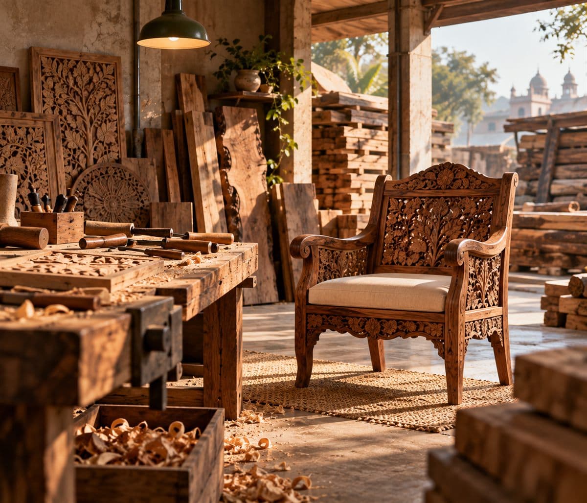 A hand-carved chair in the Saharanpur workshop