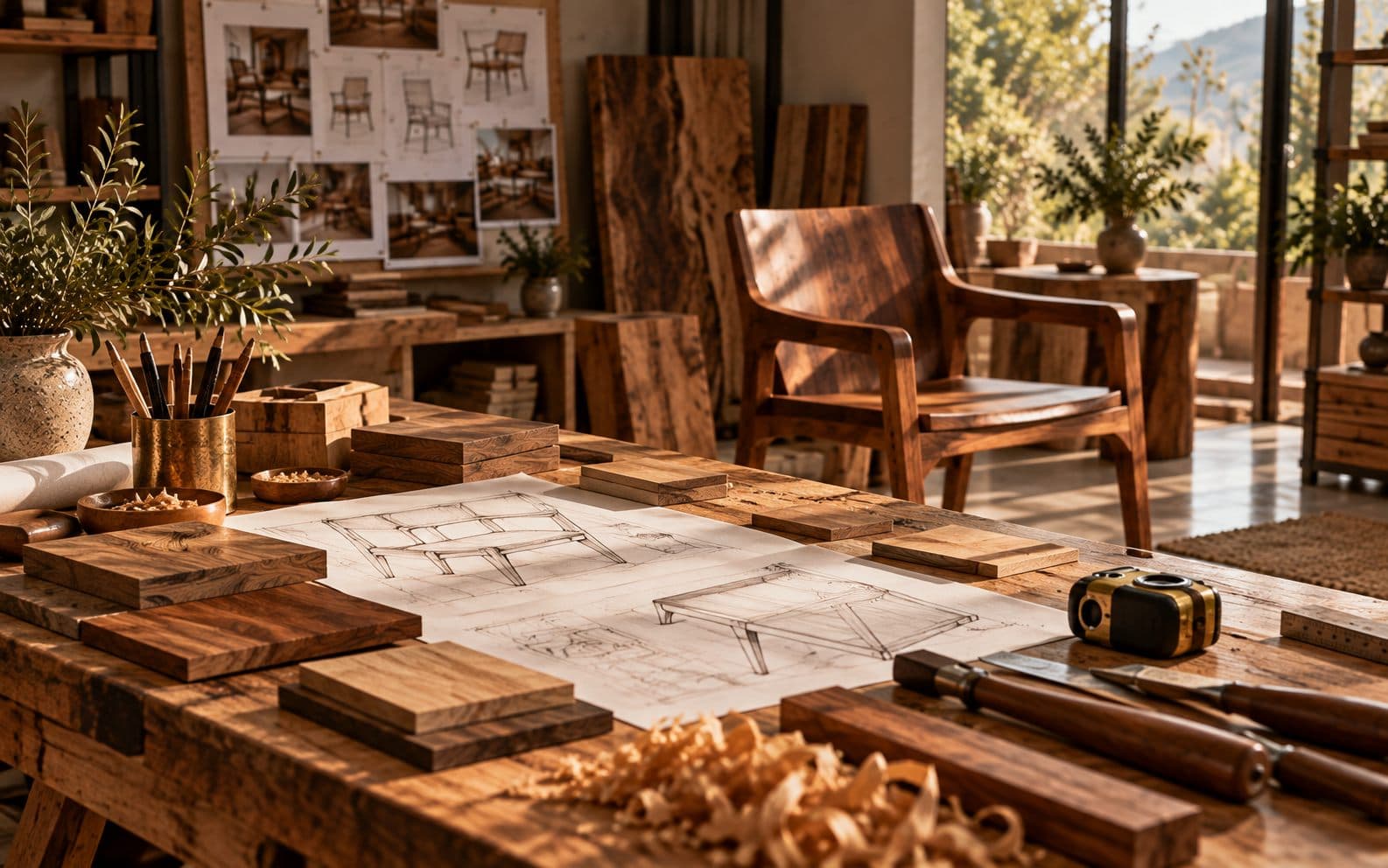 A workbench with furniture sketches and wood samples