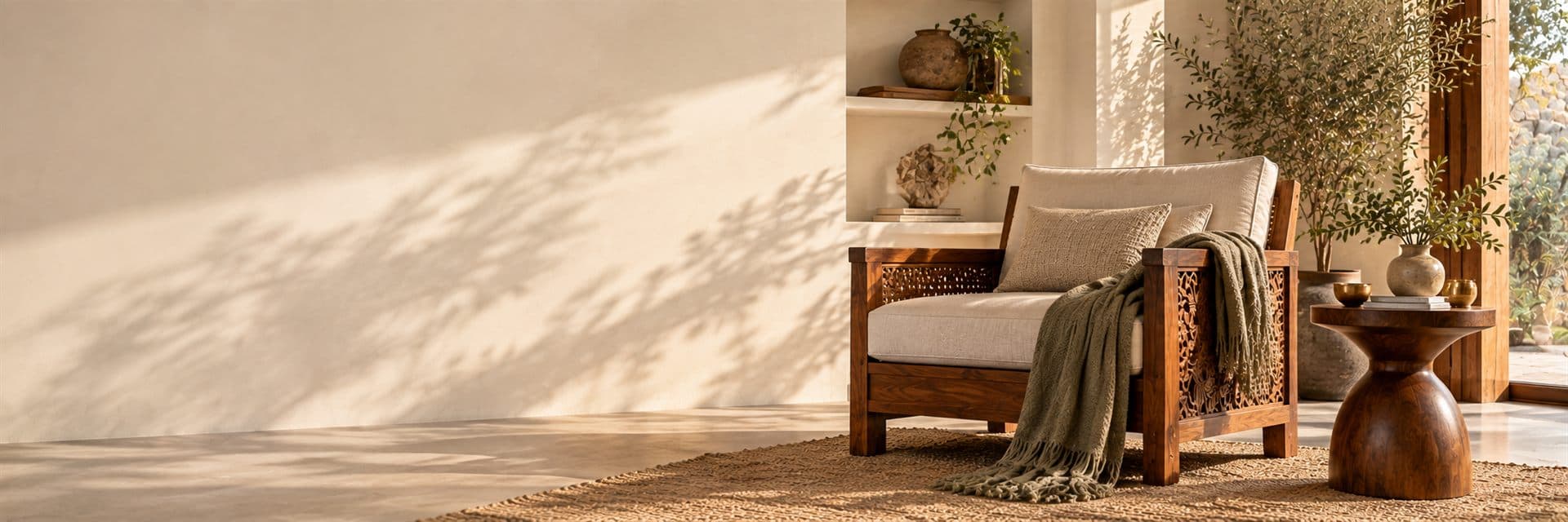 A carved solid wood armchair in a sunlit room