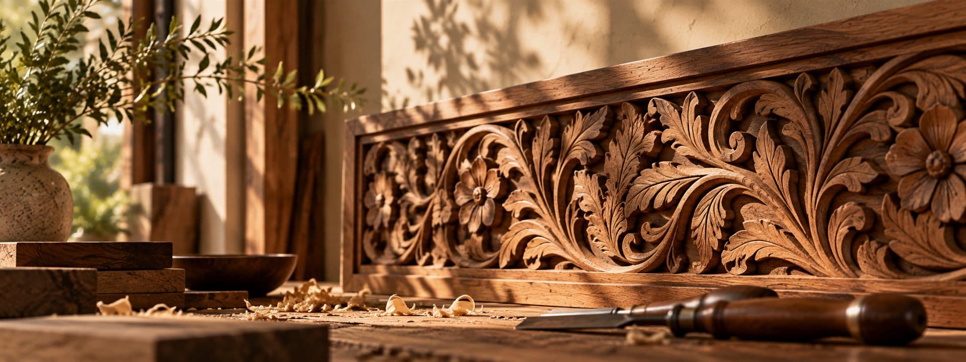 A hand-carved floral wooden panel