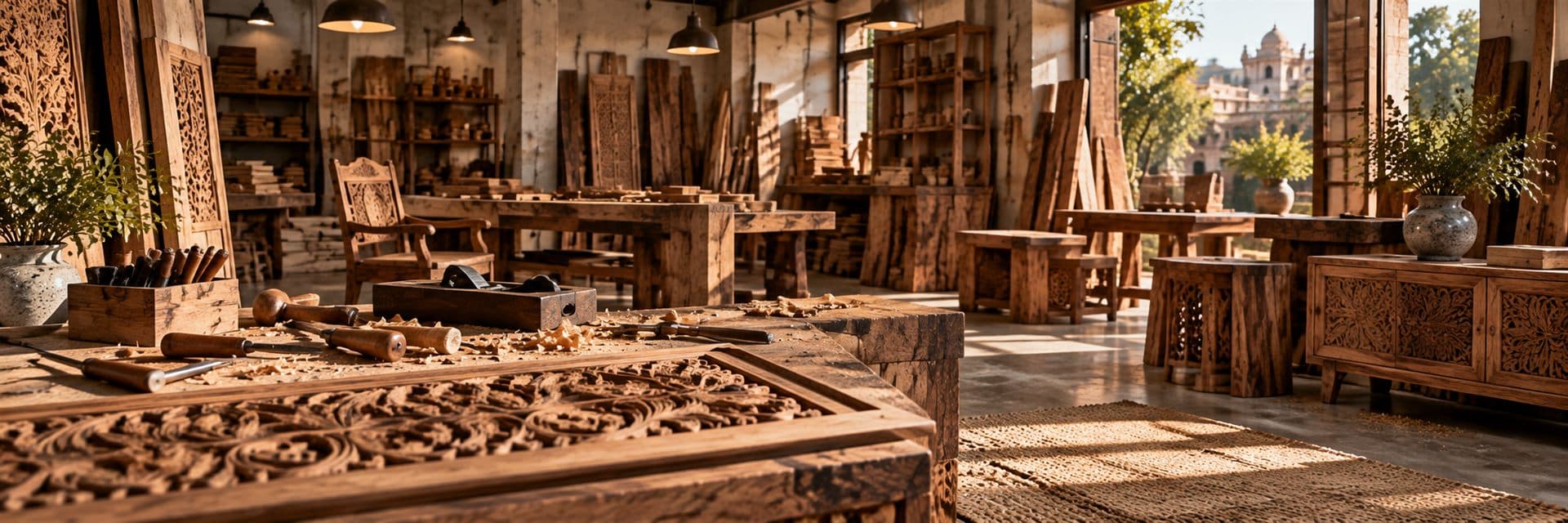 A Saharanpur workshop with carved panels and hand tools