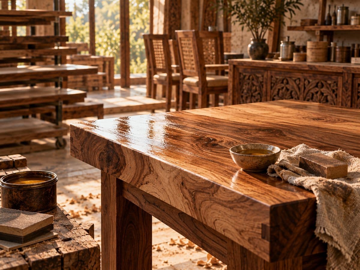 A freshly finished wooden tabletop catching the light