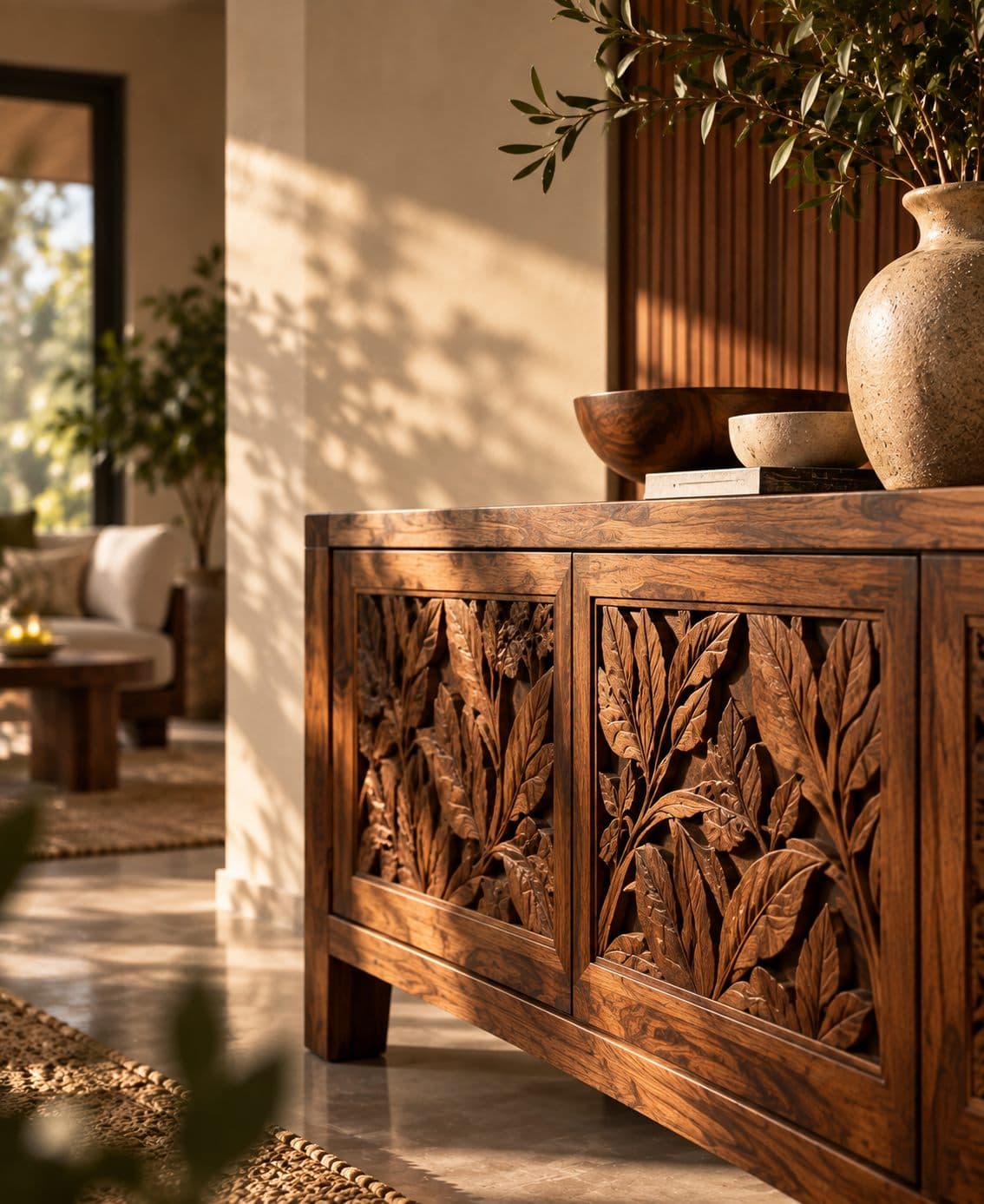 Hand-carved detail on a solid wood sideboard