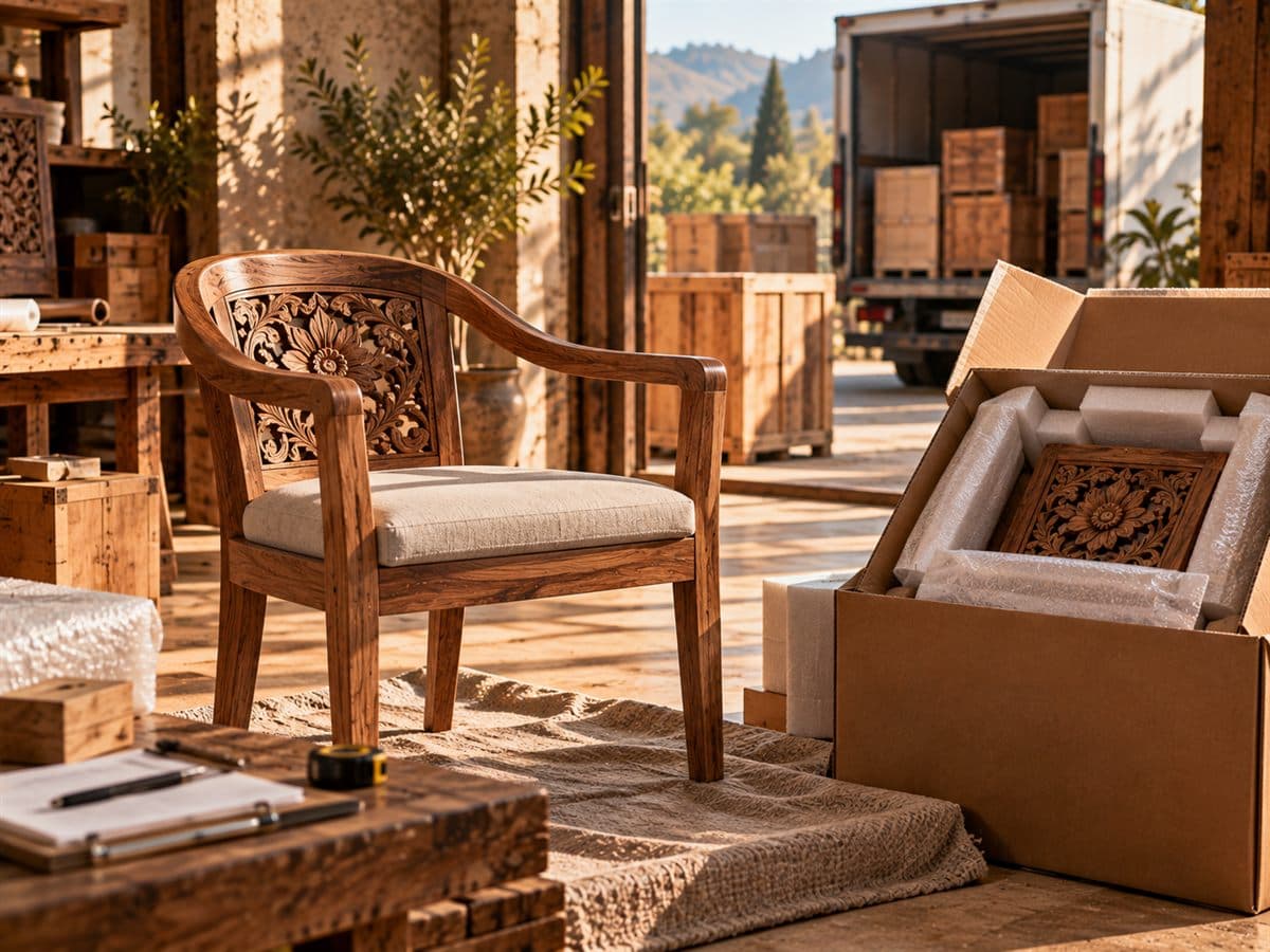 A finished carved chair being packed for delivery