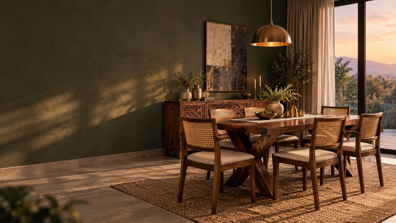 A dining room furnished in solid wood, lit by warm evening light