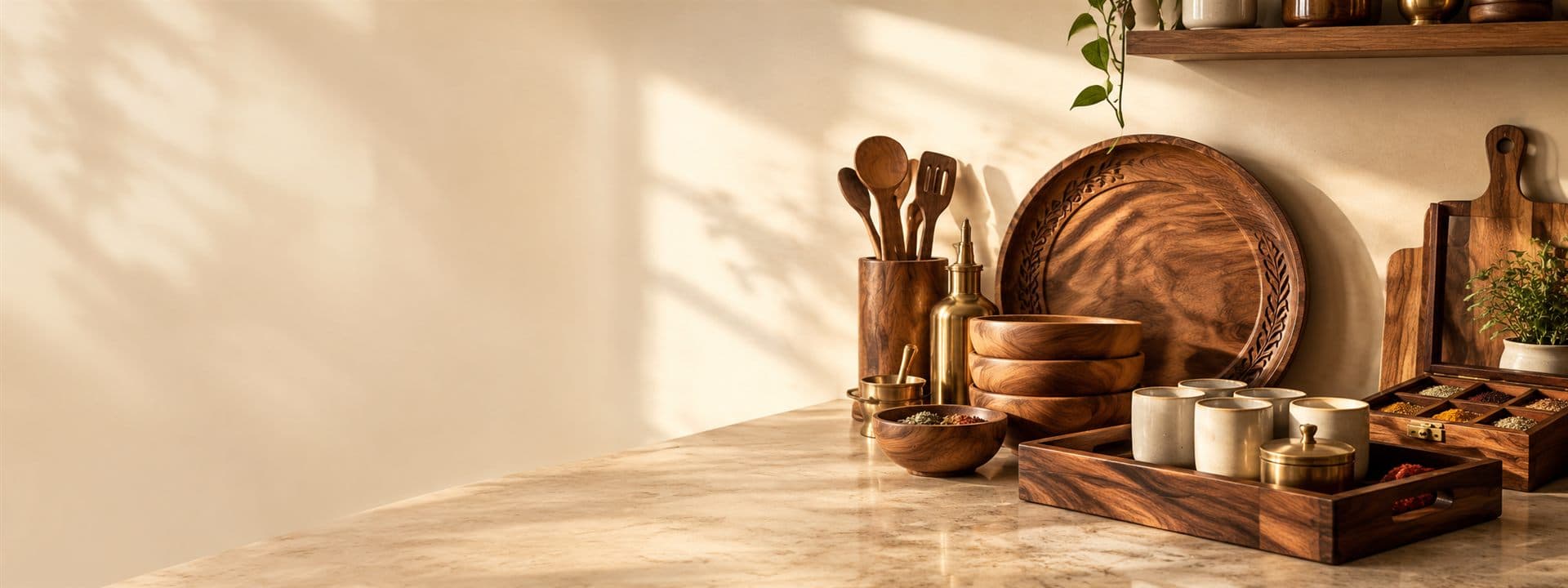 Handcrafted wooden serveware on a kitchen counter
