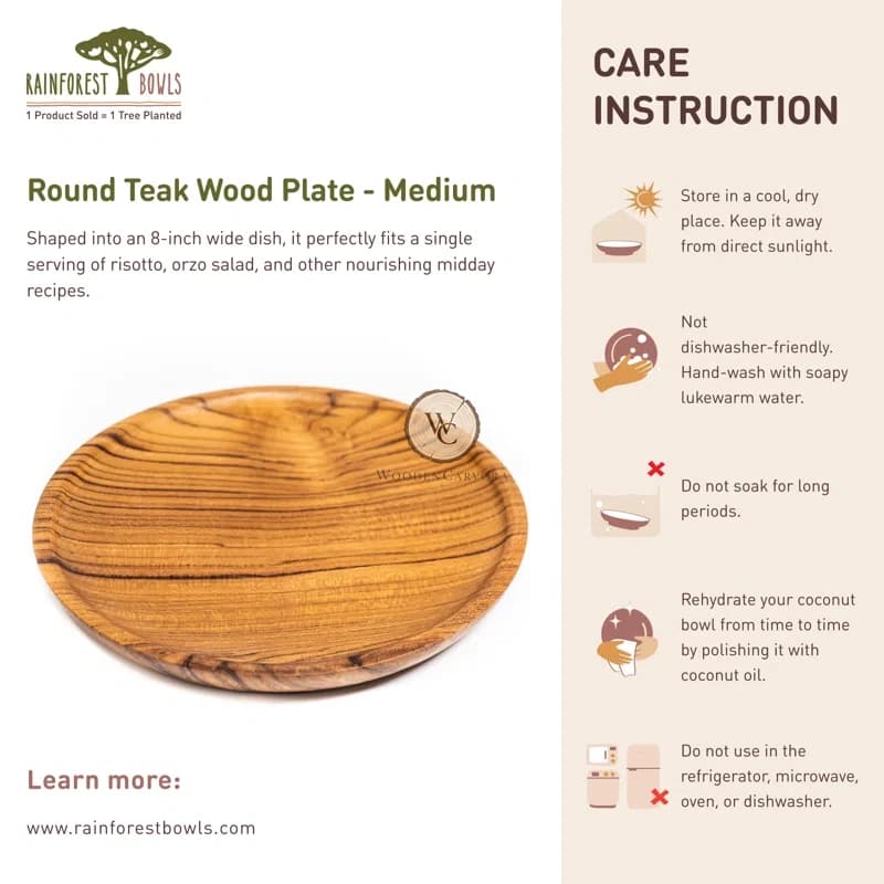 Teak Wood Round Hand-Carved Wood Plate Set, another view