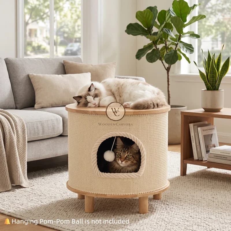 Acacia Wood Round Cat Bed / End Table, another view