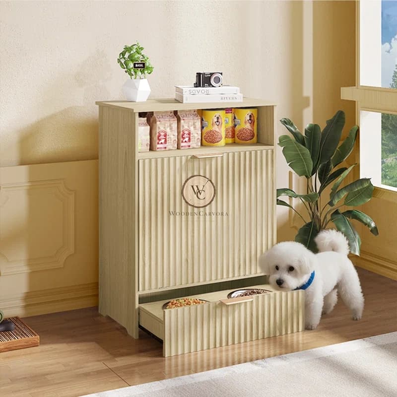 Pet Feeding Station Cabinet in MDF with Oak Finish, another view