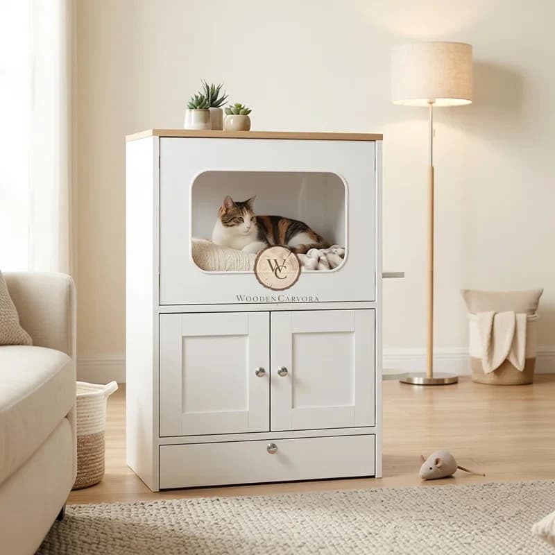 Acacia Wood Storage Cat Condo / Feeding Cabinet, another view