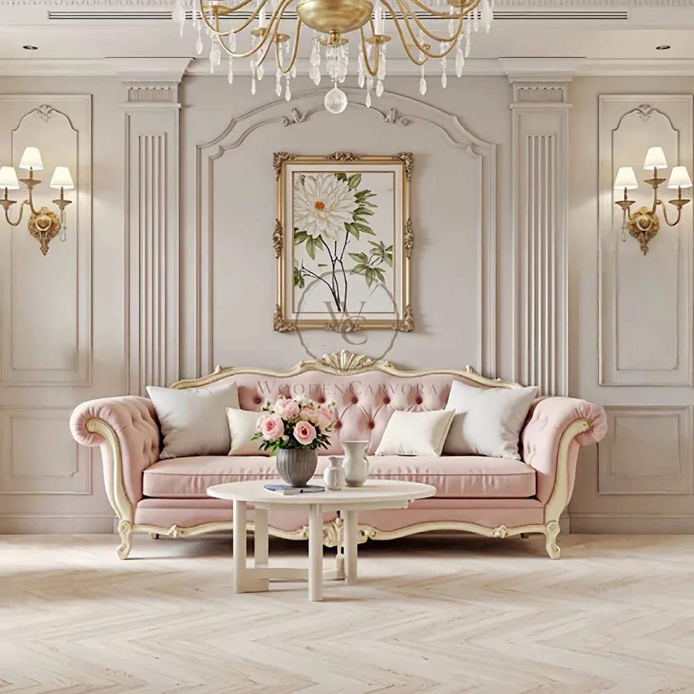 French-style carved pink sofa