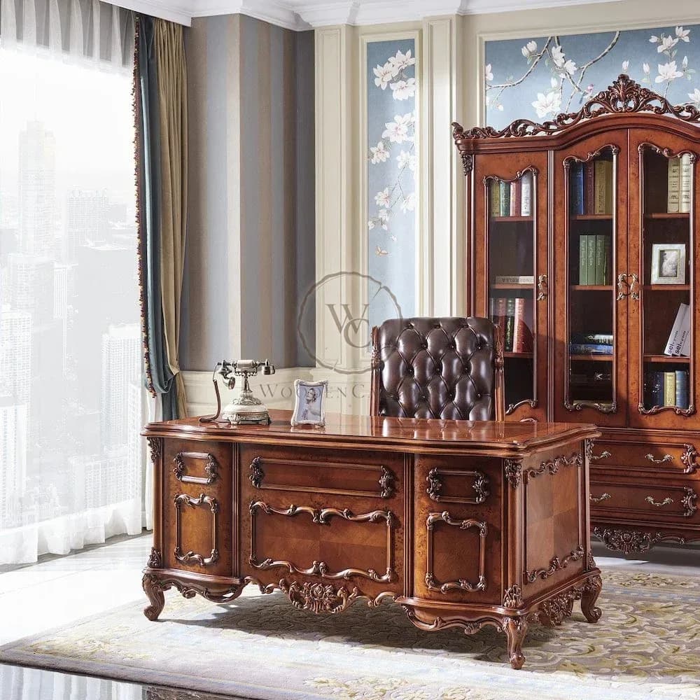Luxury Antique Executive Office Desk | Ornate Carved Wooden Writing Table with Storage