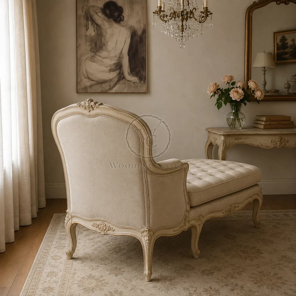 Luxury Tufted Chaise Lounge | Elegant French Style Upholstered Daybed for Bedroom & Living Room, another view