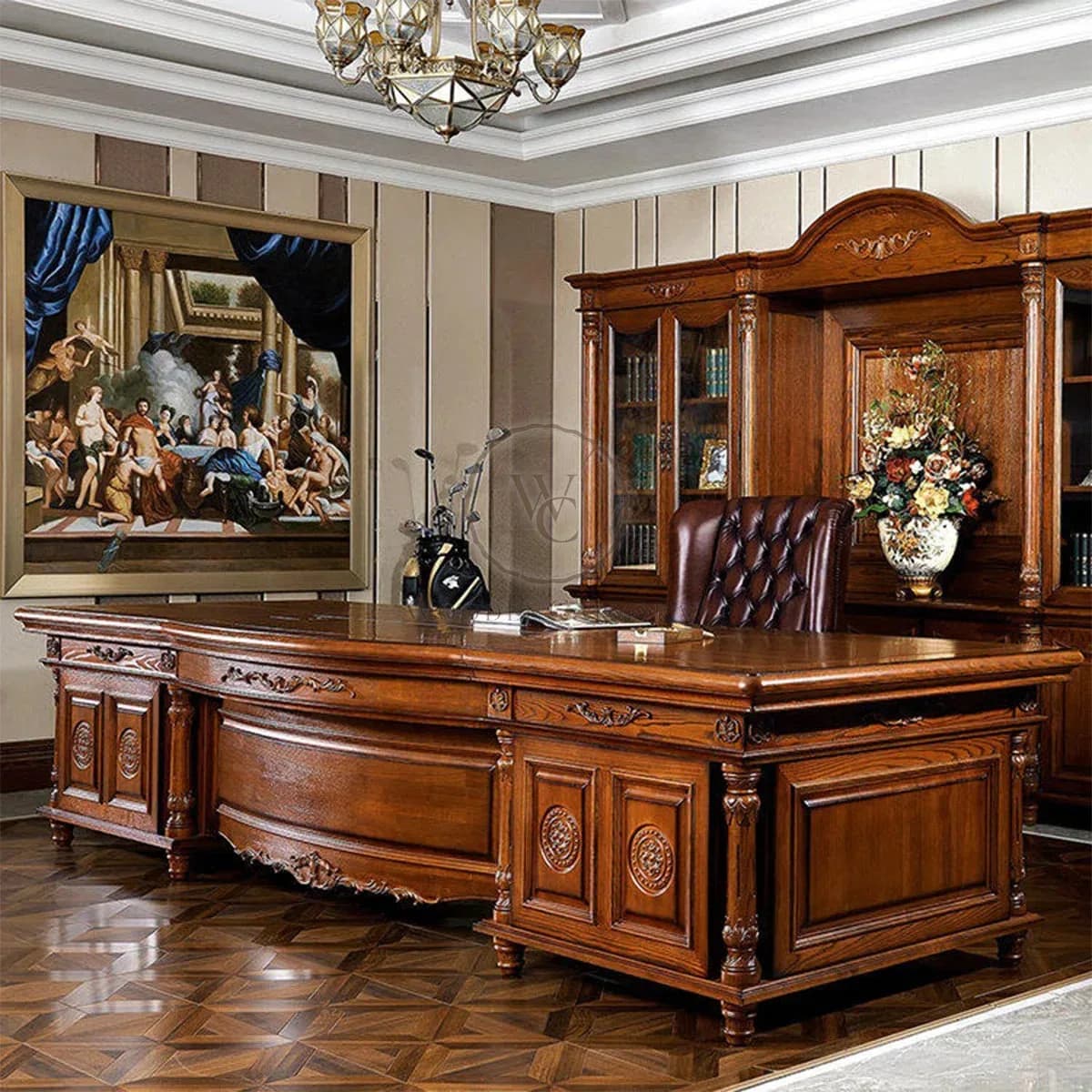 Luxury Executive Writing Desk | Extra-Wide Carved Wooden Office Table with Antique Brass Details