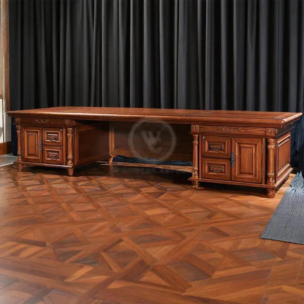 Luxury Executive Writing Desk | Extra-Wide Carved Wooden Office Table with Antique Brass Details, another view