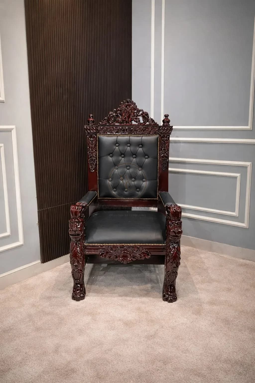 Royal Carved Wooden Throne Chair – Luxury Tufted Leather Accent Armchair with Lion Head Design, another view