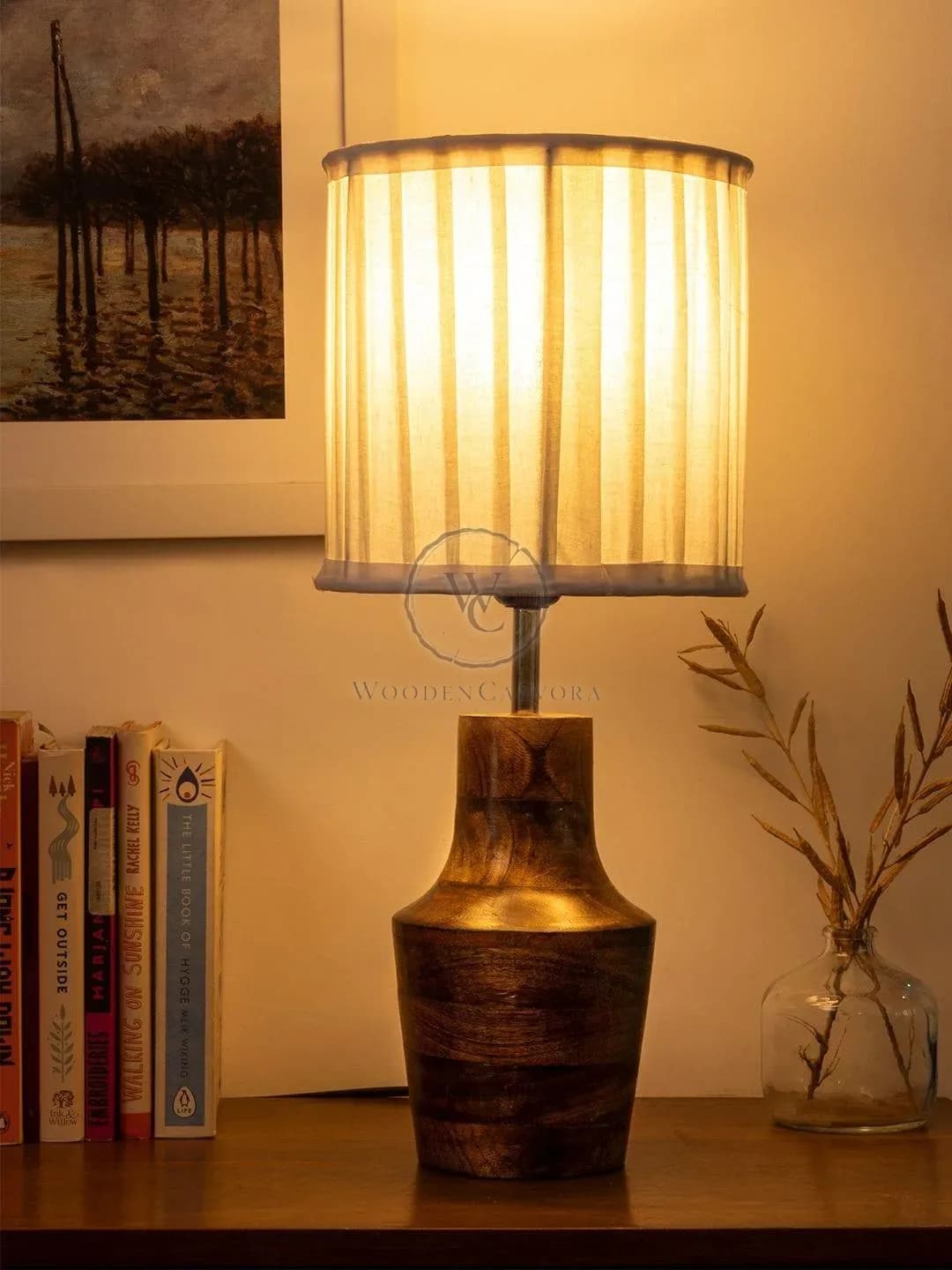 Wooden Firkin Lamp with Pleeted Cotton White Shade