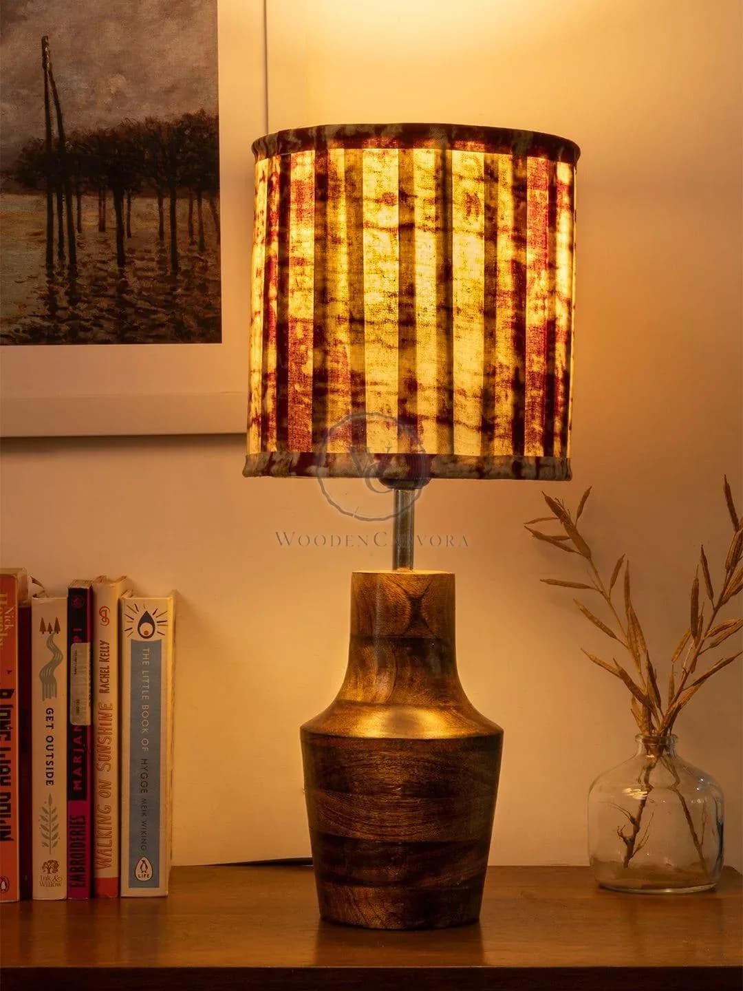 Wooden Firkin Lamp with Pleeted Cotton White Shade, another view